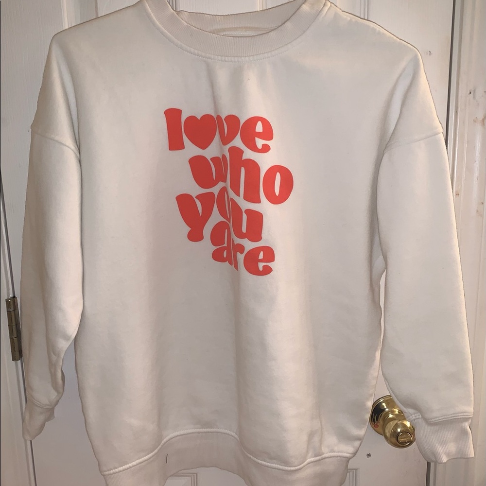 White sweatshirt/crewneck, self affirmations with funky font, size small, Abound